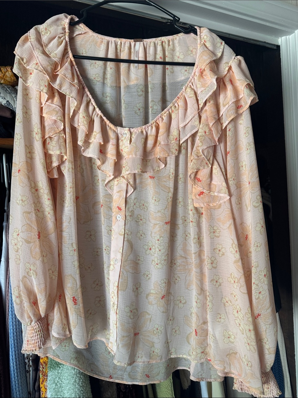 Free People Women’s Peach Floral Ruffle Blouse